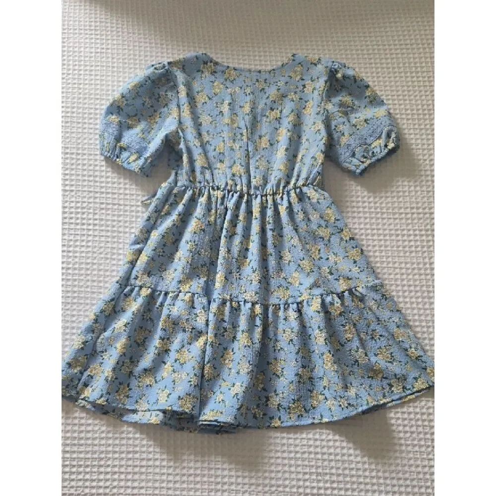 Light Blue Yellow Floral Puff-Sleeve Kids Dress